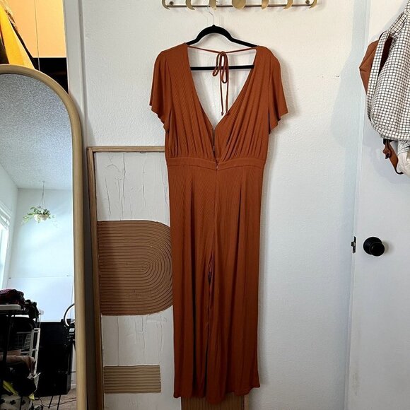 Allison + UO Orange Allison Wide Leg Ribbed Deep Plunge Backless Jumpsuit - Picture 4 of 11